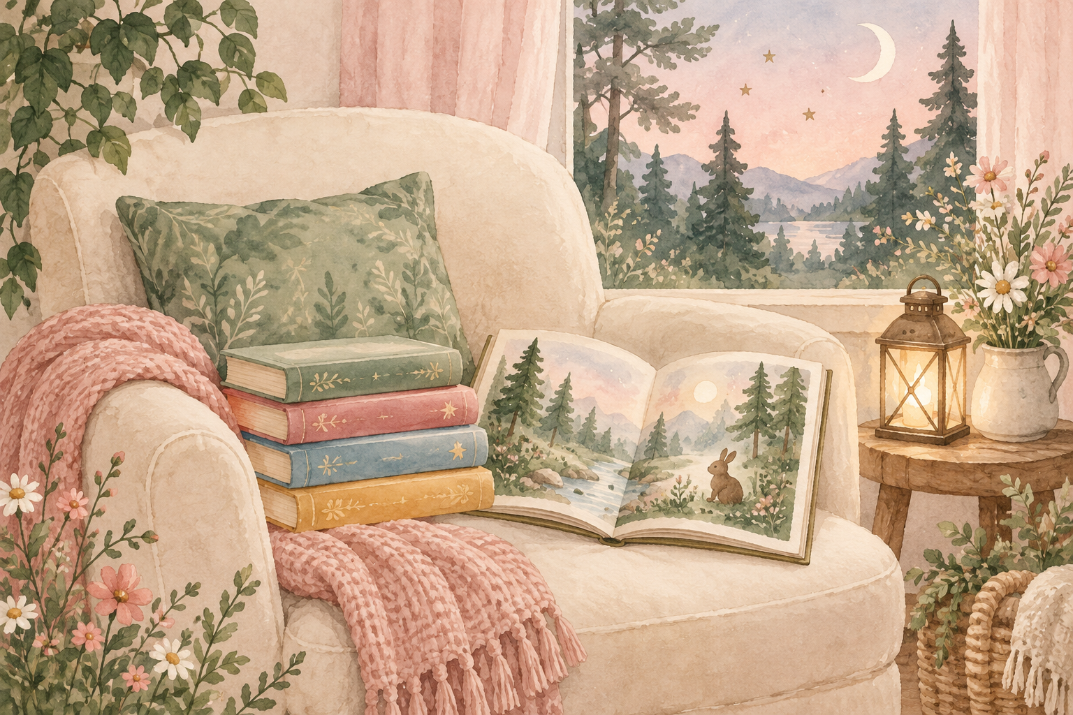 Aquarell-Illustration einer gemütlichen Leseecke mit Geschichtenbüchern