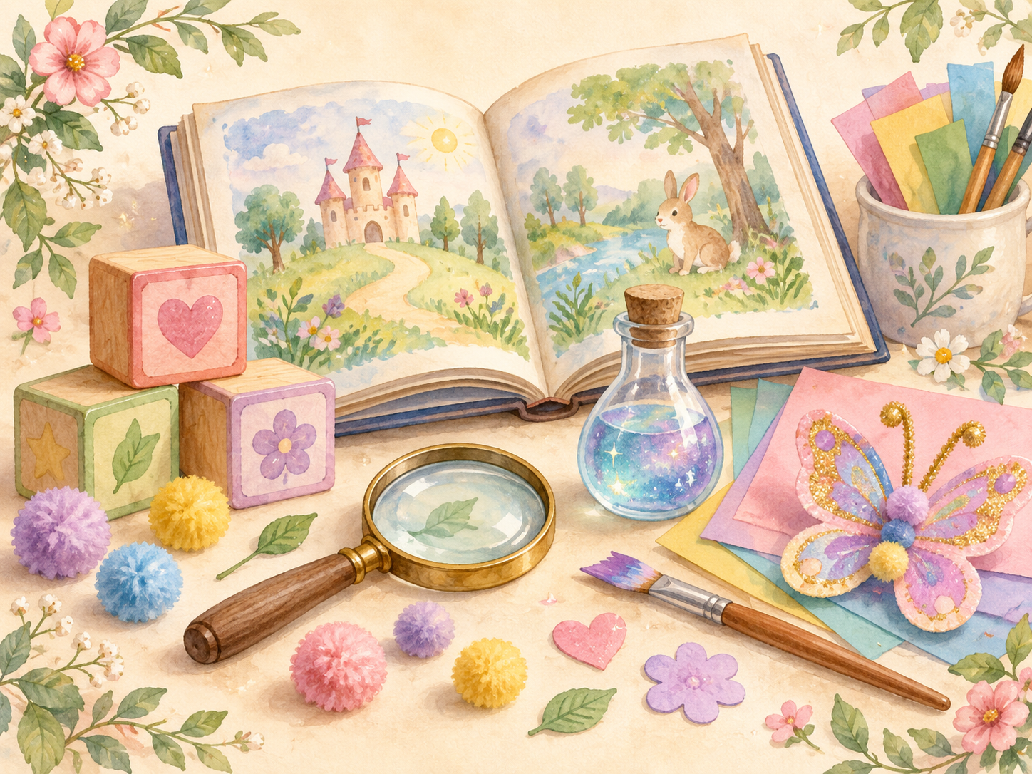 Aquarell-Illustration mit Kinderbuch, Experimenten, Bastelmaterial und einem Schmetterling