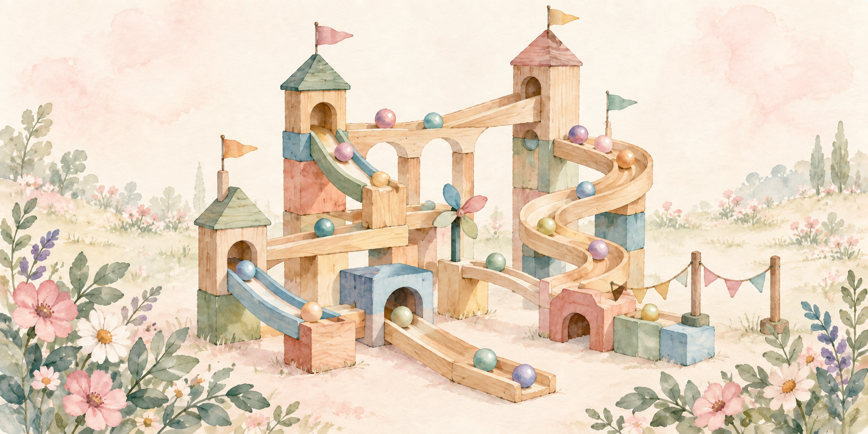 Aquarell-Illustration einer großen Holz-Kugelbahn in Pastellfarben