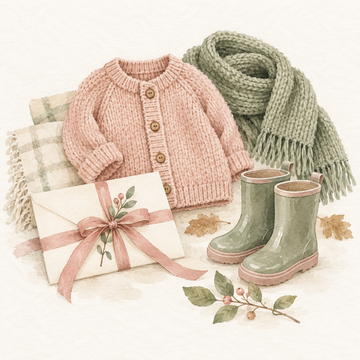 Aquarell-Illustration von Herbst- und Winterkleidung mit einem Geschenkgutschein