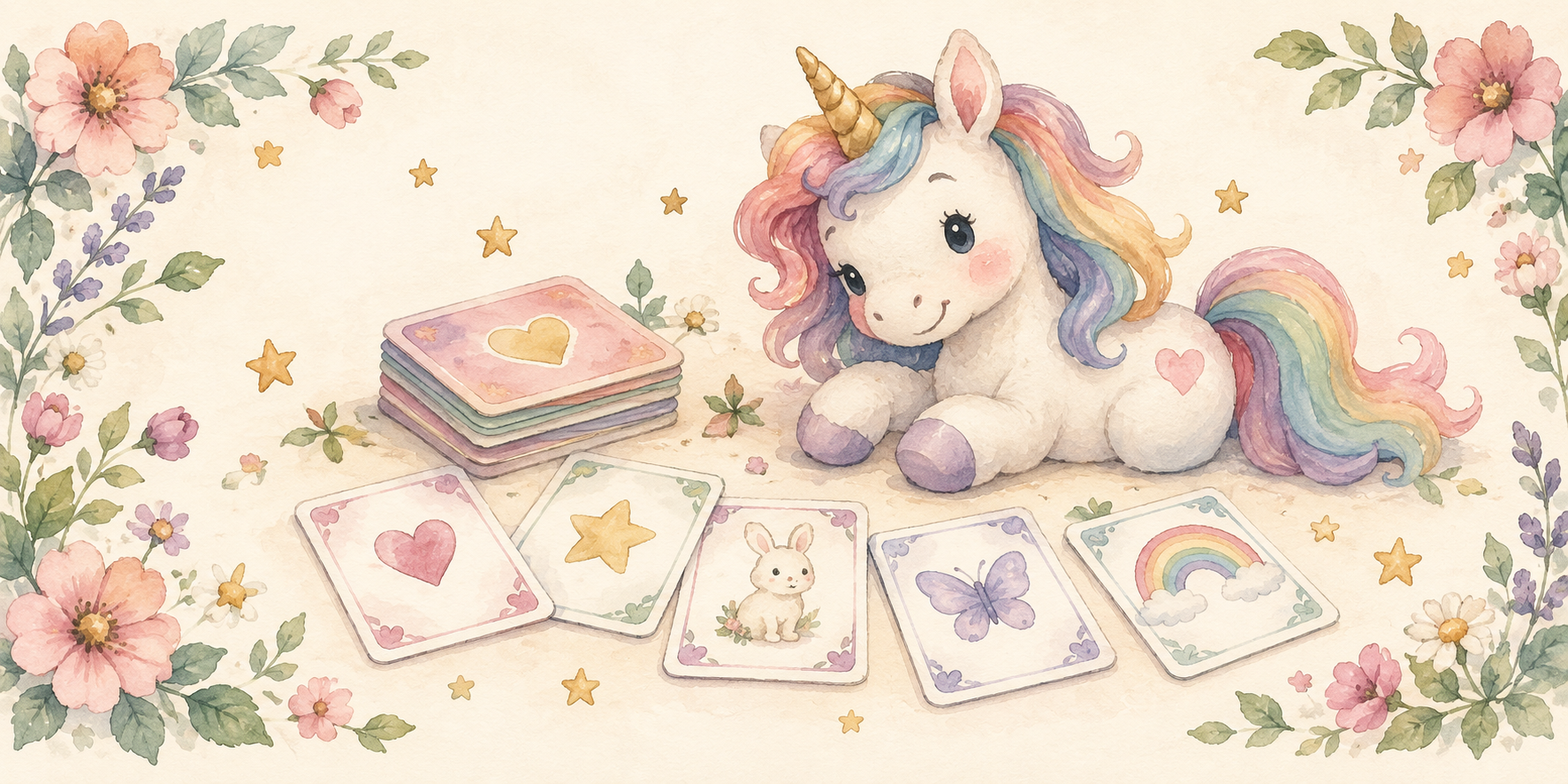 Aquarell-Illustration eines fröhlichen Kartenspiels mit einem kleinen Einhorn