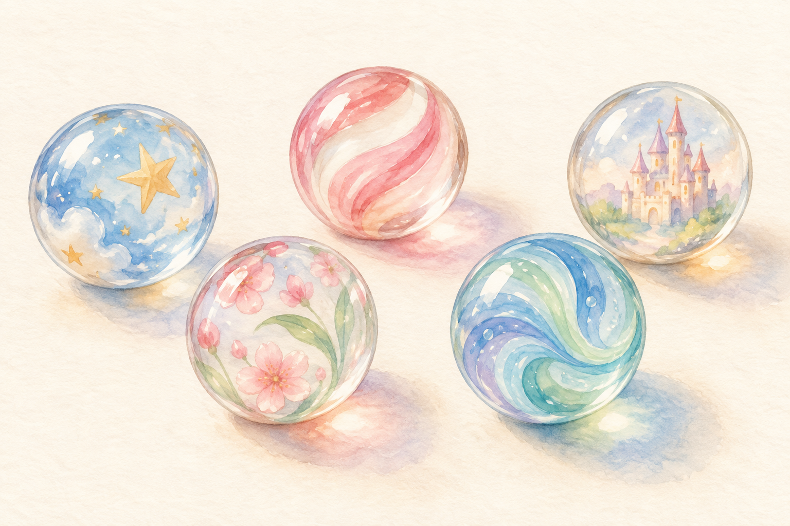 Aquarell-Illustration von fünf unterschiedlichen bunten Glasmurmeln
