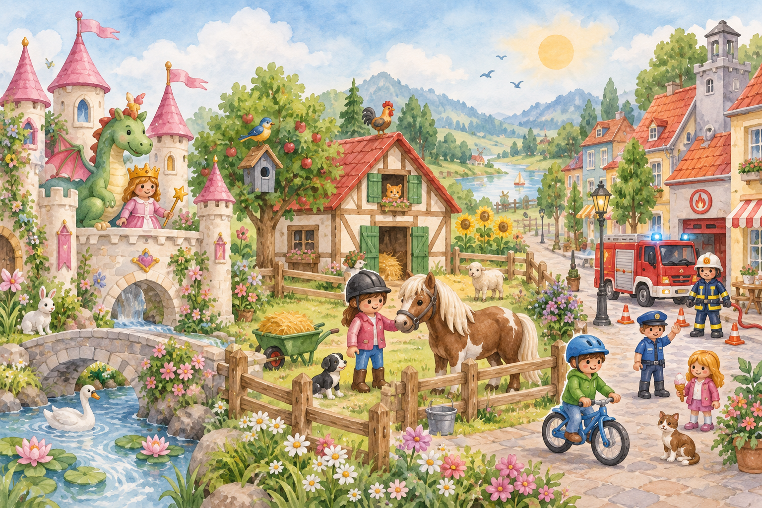 Aquarell-KI-Illustration mit Fantasieschloss, Bauernhof und Stadtleben mit Einsatzfahrzeug