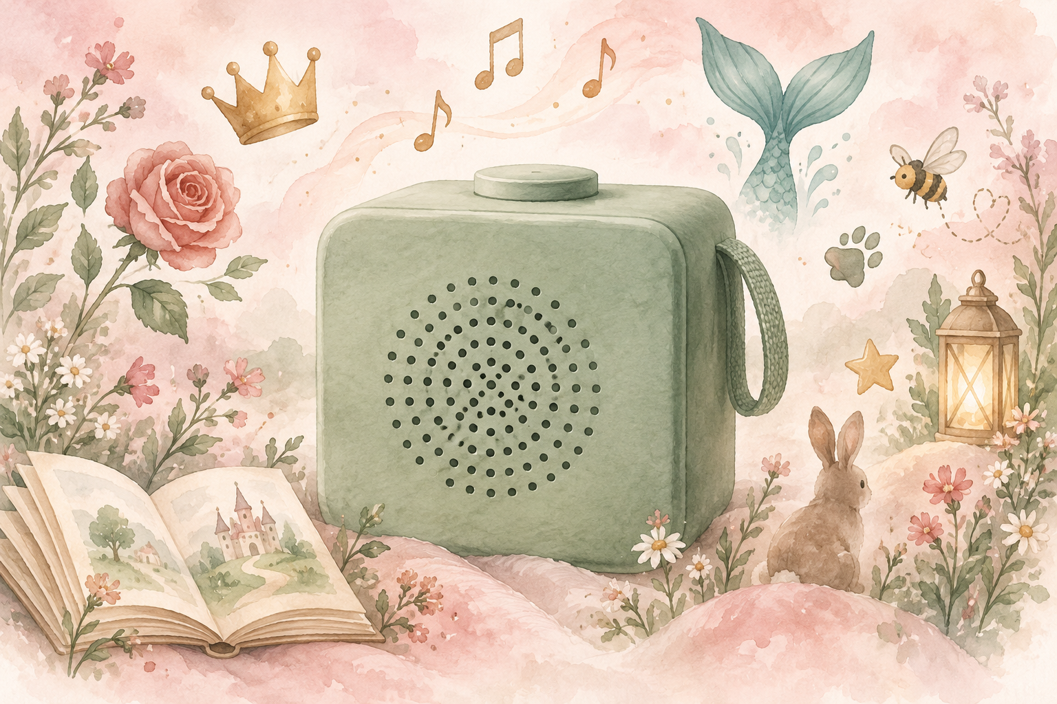 Gezeichnete Aquarell-Illustration einer Hörbox mit märchenhaften und tierischen Symbolen