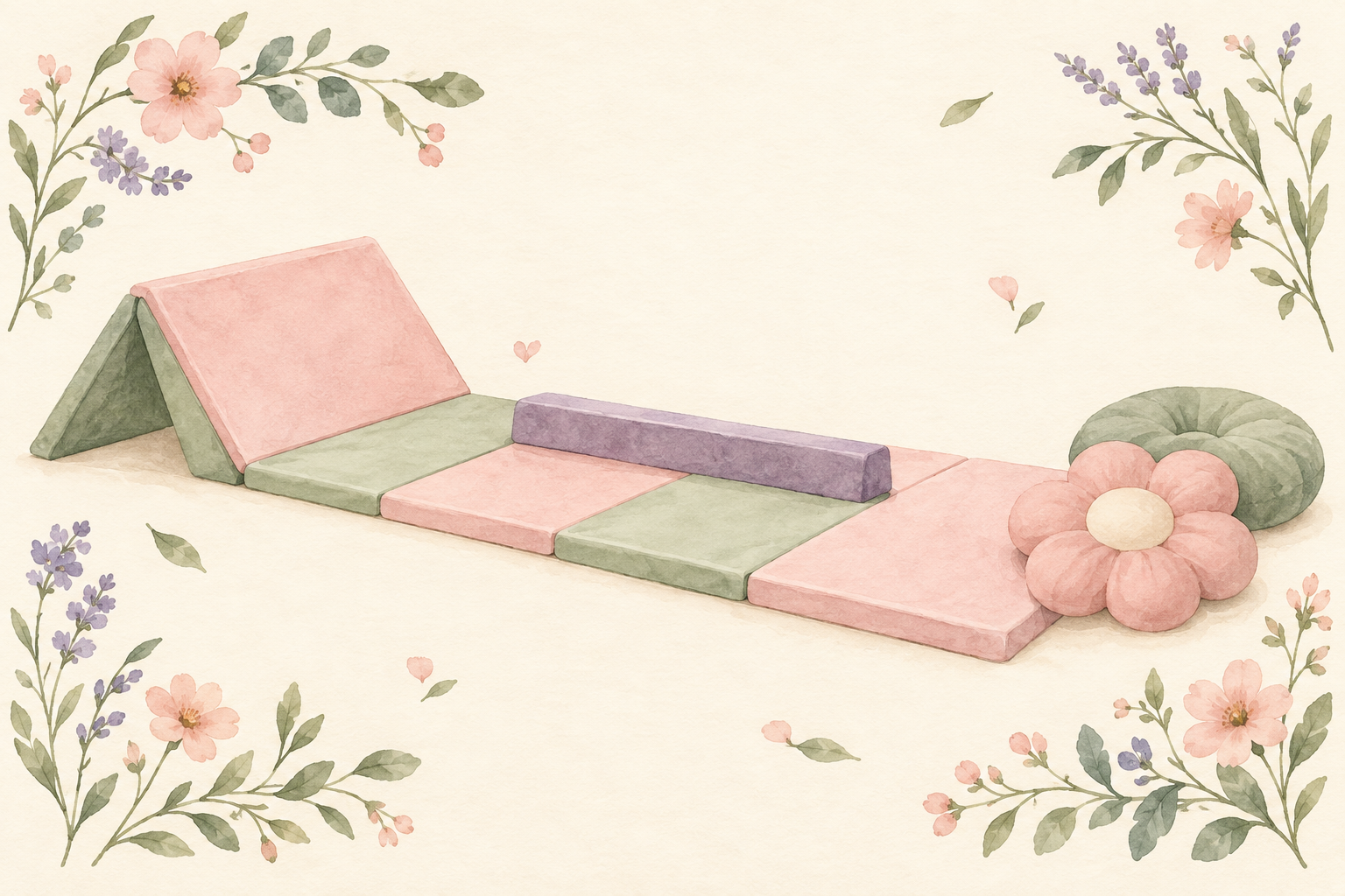 Aquarell-Illustration einer gemütlichen Kuschelecke mit weicher Bodenmatratze